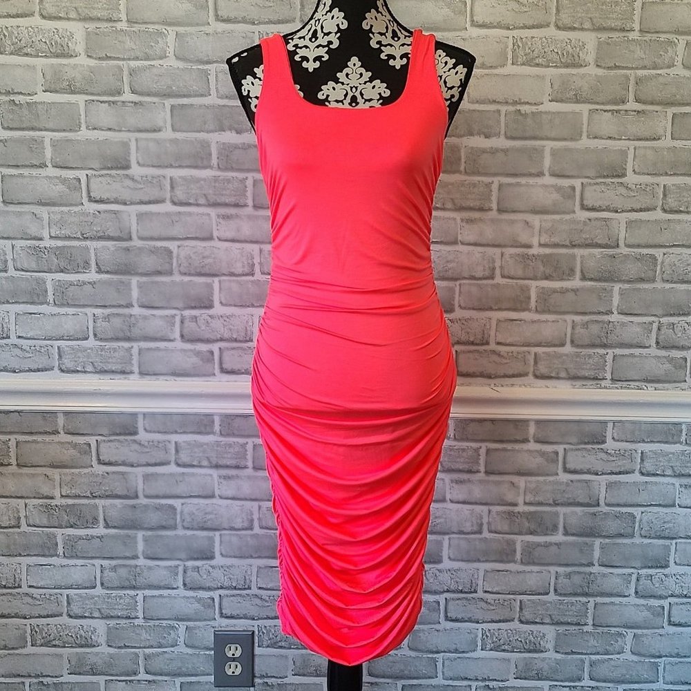 Neon Pink Tank Dress Ruched Barbie Party Costume Cosplay Med NWOT Spandex Blend